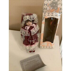 Porcelain Doll 16” In Limited Edition Brown Hair Blue Eyes Red Bow Vtg.